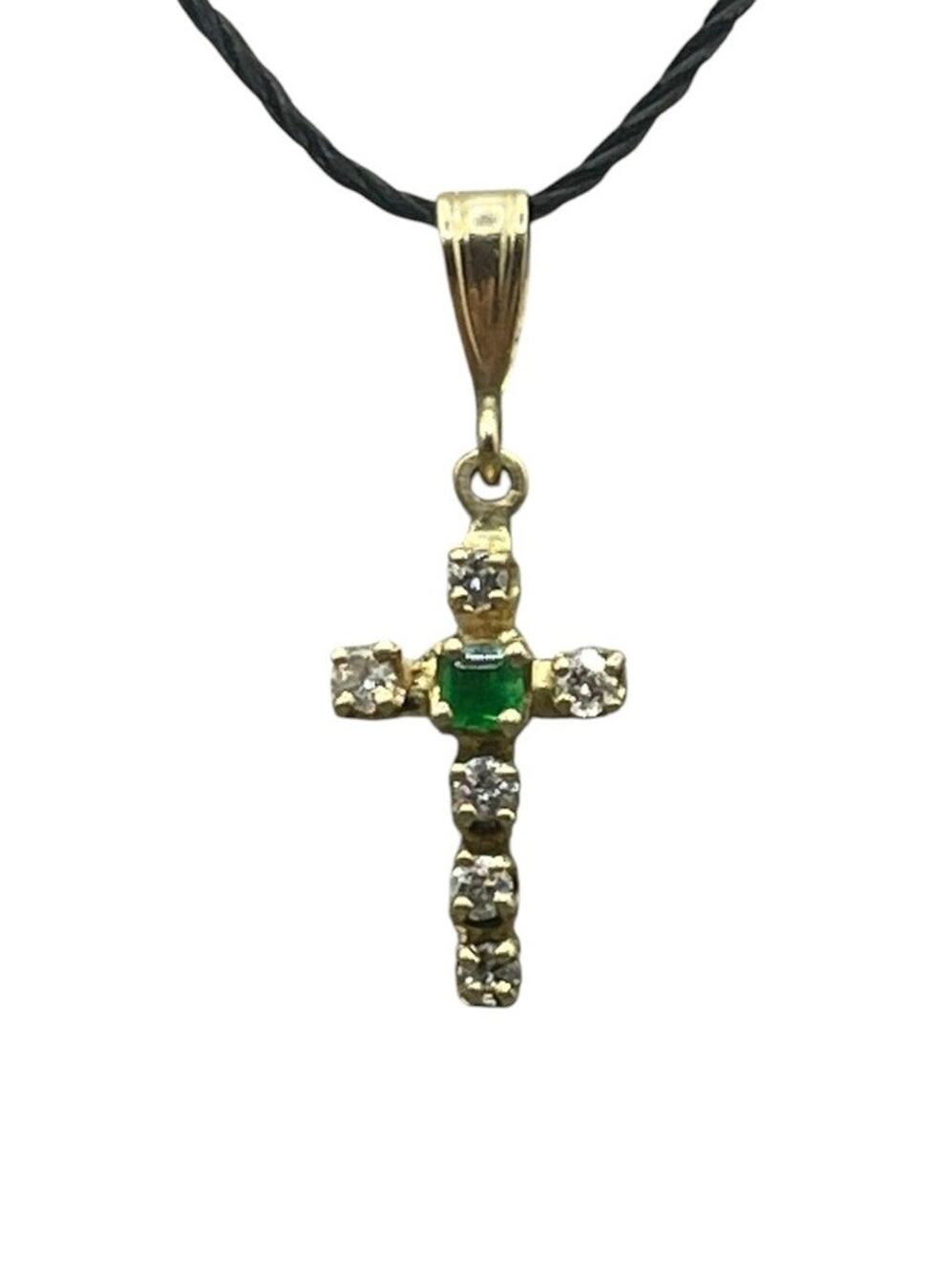 14K Yellow Gold Diamond & Green Stone Mini Cross Charm Pendant (26421)